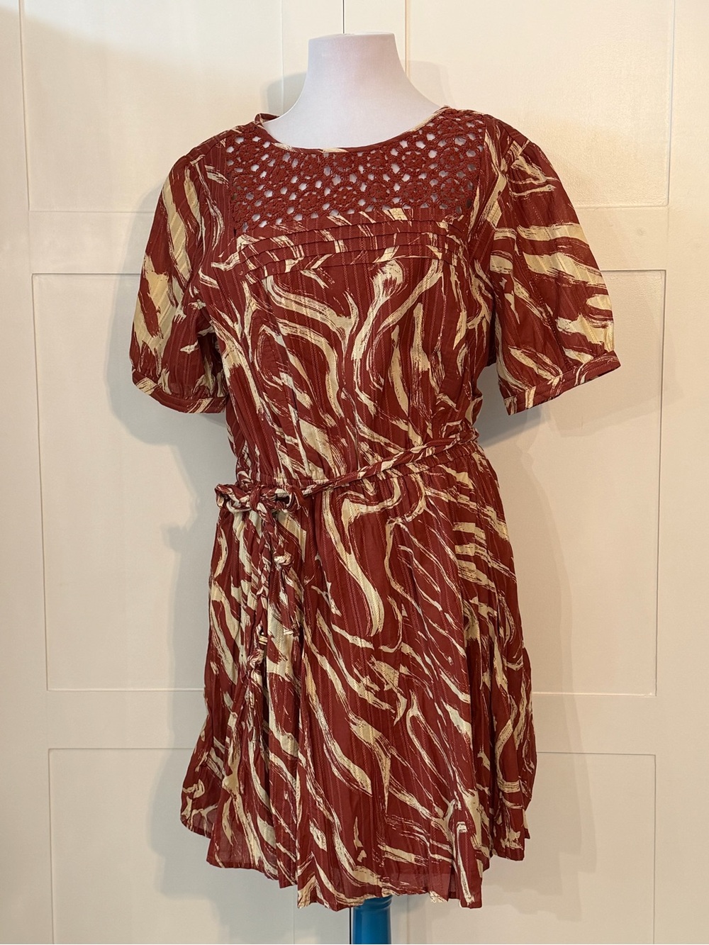 Sam Edelman Tifany Rust and Cream Short Sleeve Mini Dress XL